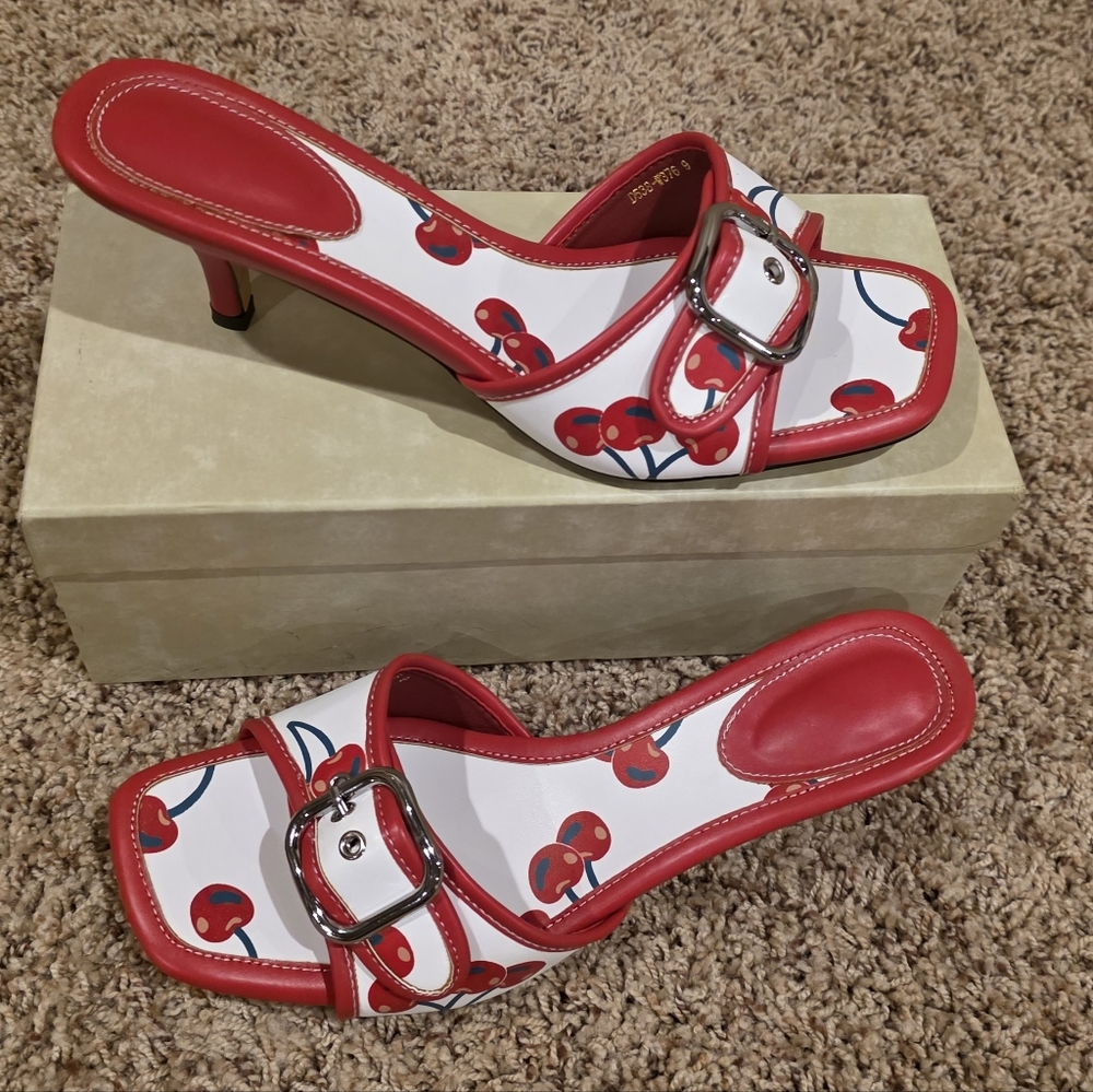 NWT Cherry Kitten Heel Sandals. Womens Size 8. Heel height is 2.3 inches.